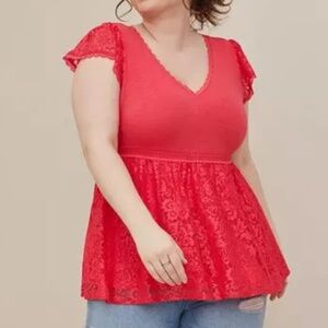 Torrid Babydoll Fabric Mix Super Soft V-Neck Lace Trim Top